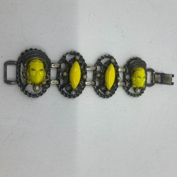 Vtg SELRO SELINI nubian asian princess yellow lucite panel metal bracelet - Picture 1 of 2